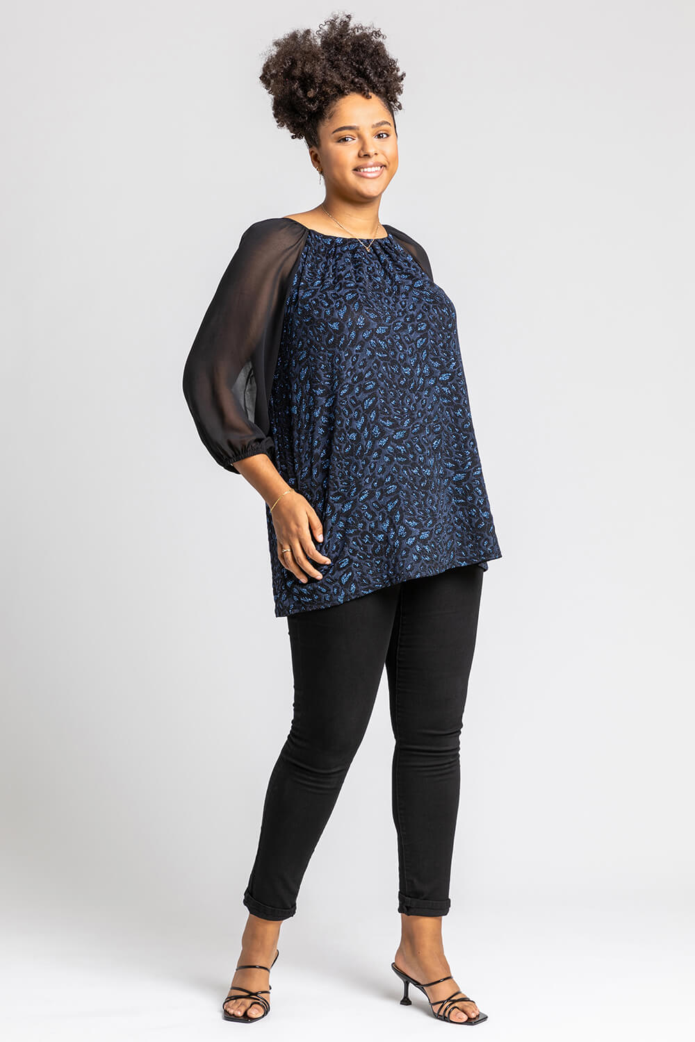 Blue Curve Glitter Animal Print Pleated Top, Image 3 of 4
