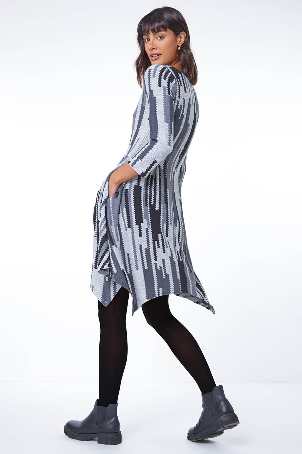 Grey Abstract Stripe Hanky Hem Swing Dress, Image 2 of 5
