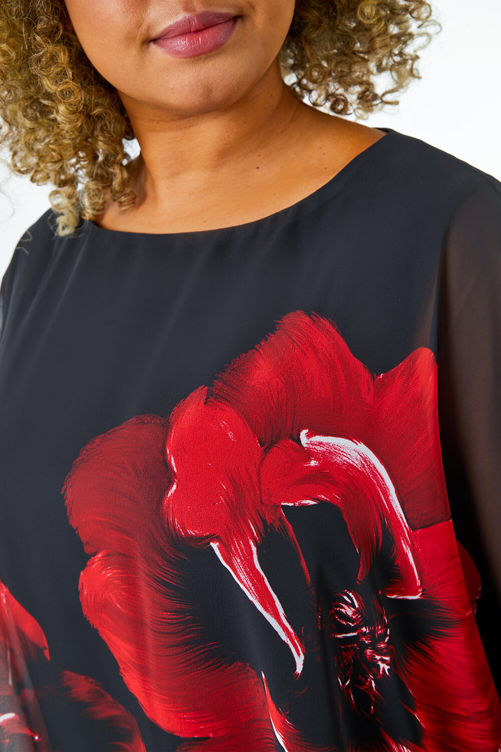 Red Curve Floral Chiffon Overlay Top  , Image 5 of 5