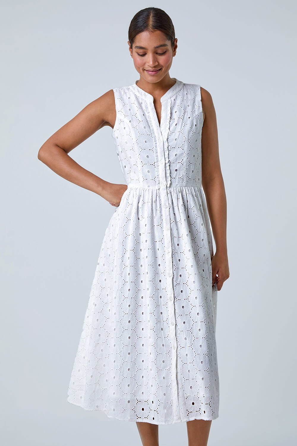White Floral Cotton Broderie Midi Dress, Image 4 of 5