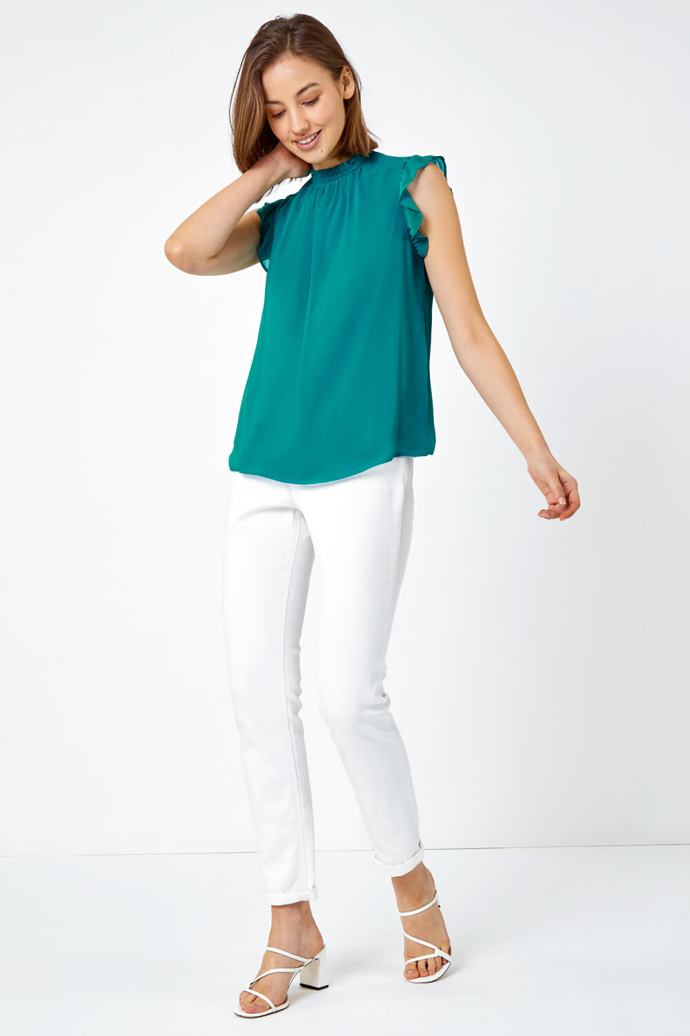 Teal Sleeveless High Neck Frill Top, Image 4 of 5