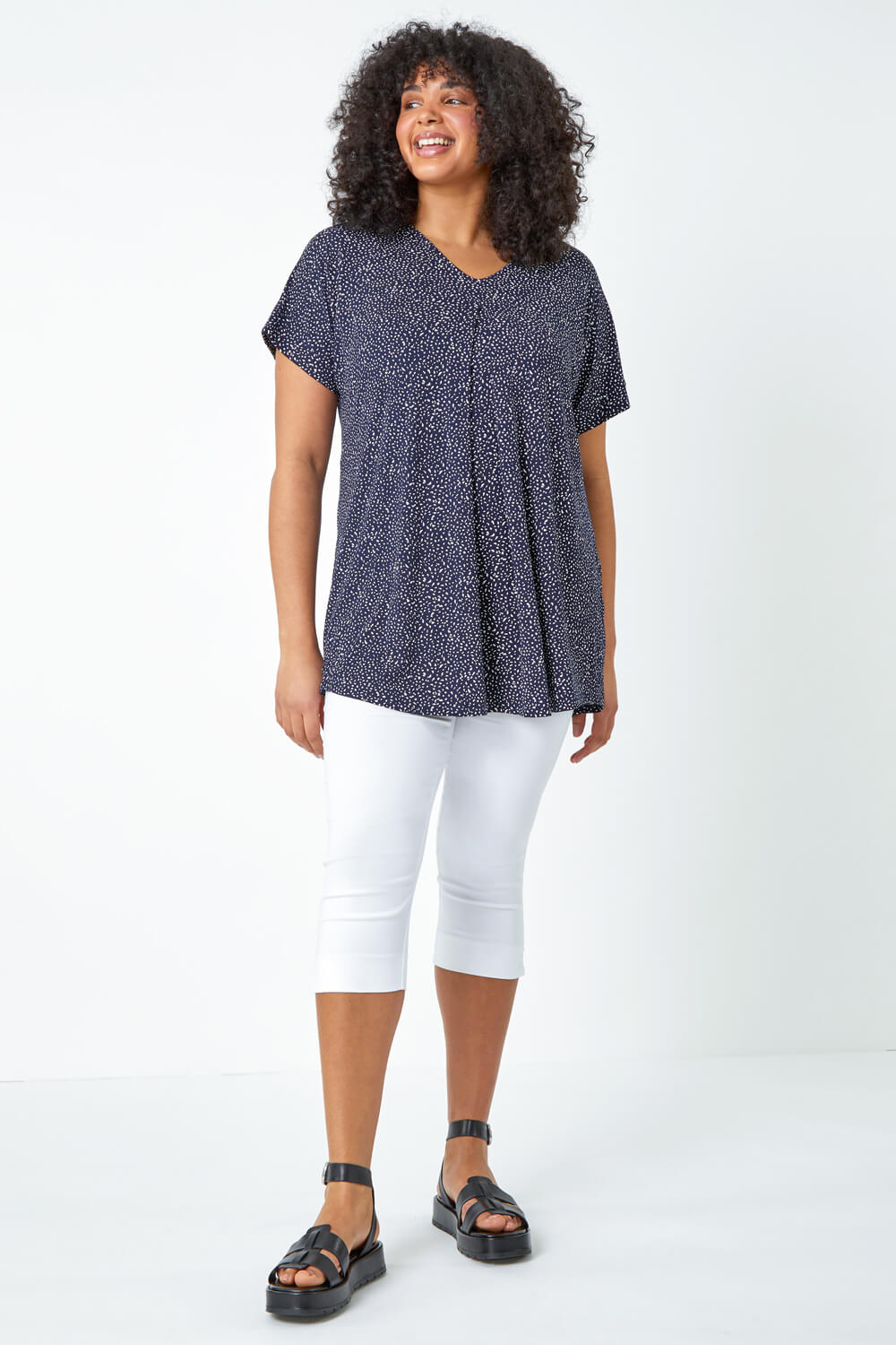 Navy  Curve Ditsy Spot Print Stretch Top, Image 2 of 6