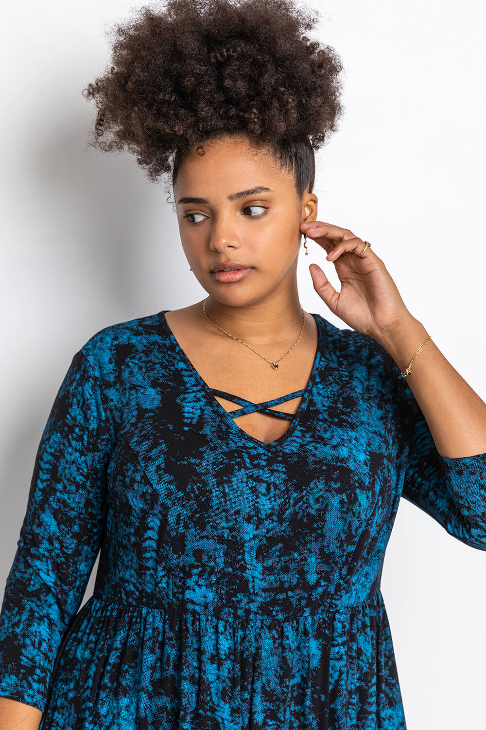 Petrol Blue Curve Abstract Print Cross Detail Top, Image 2 of 4