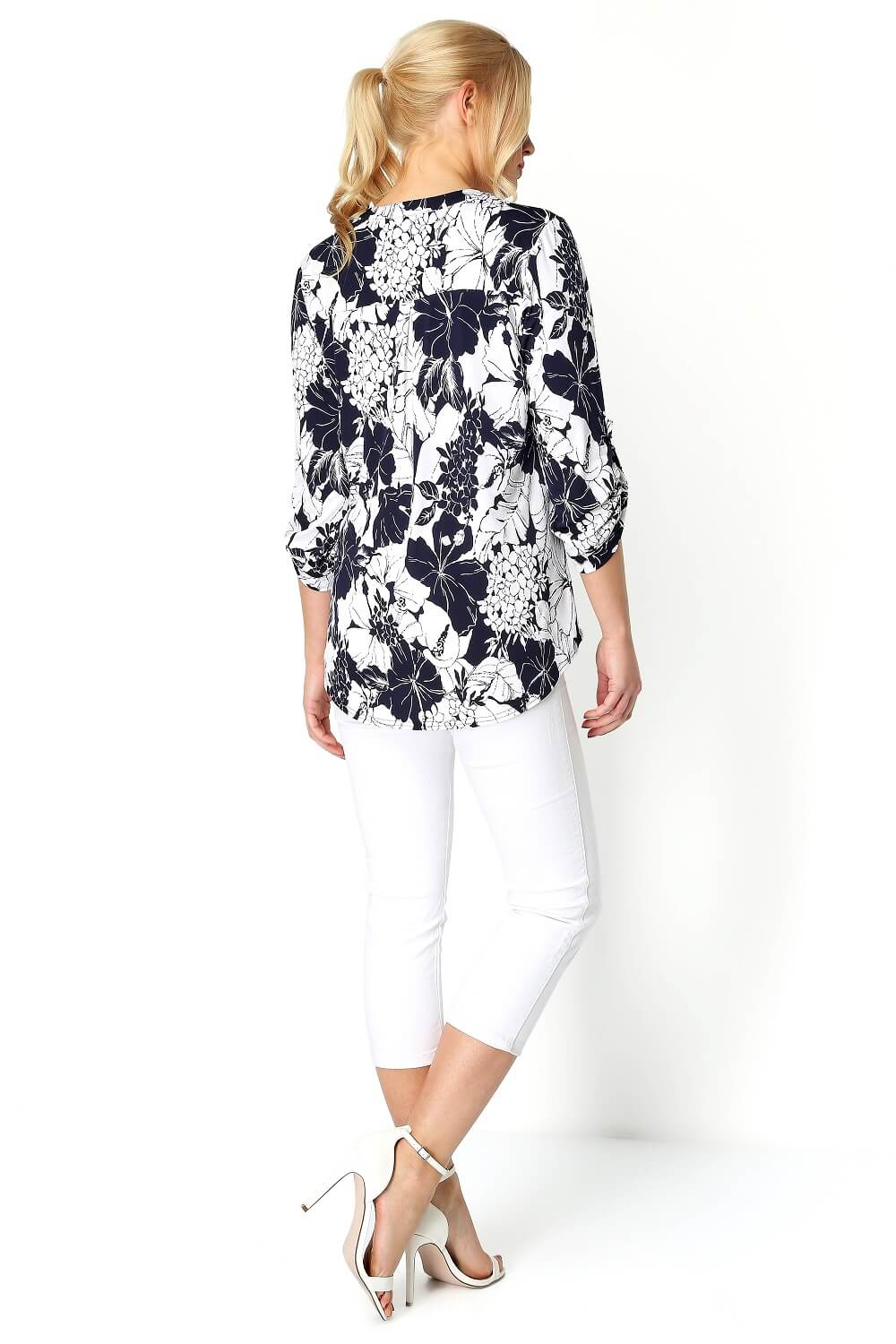 Navy  Floral Print 3/4 Sleeve Button Through Top, Image 3 of 8
