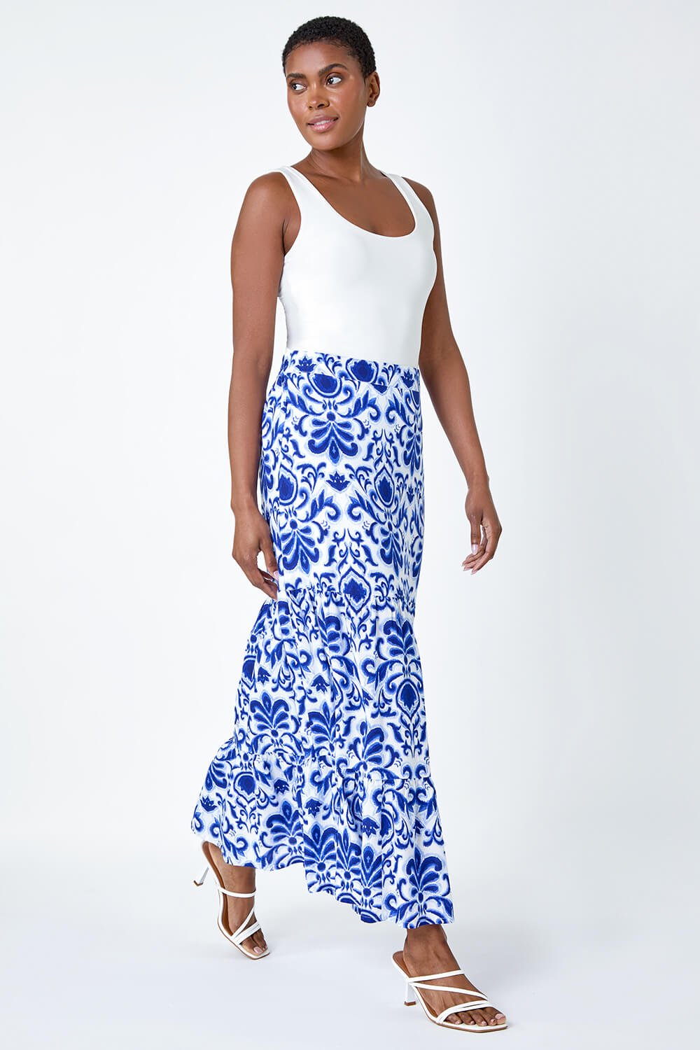 Blue Ornate Print Frilled Maxi Skirt | Roman UK