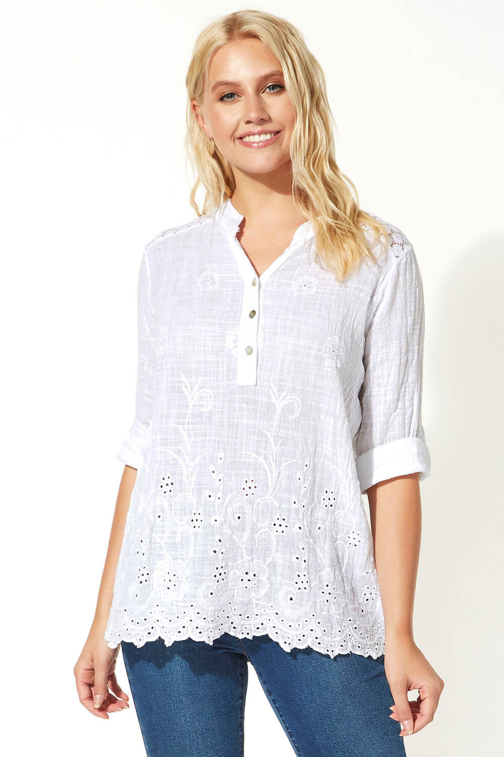 Crochet Embroidered Button Detail Top