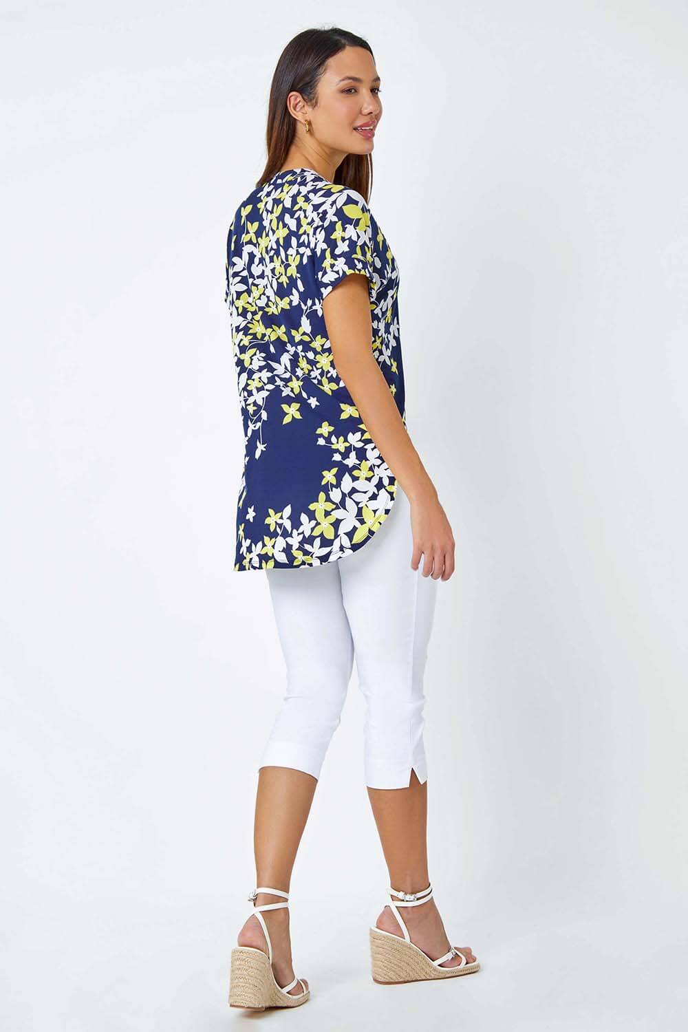 Yellow Floral Puff Print Pleat Front Top, Image 3 of 5