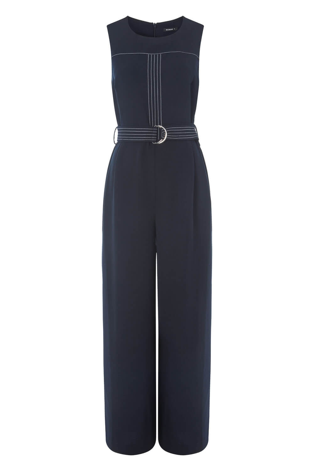 Navy  Top Stitch Belted Jumpsuit, Image 4 of 4