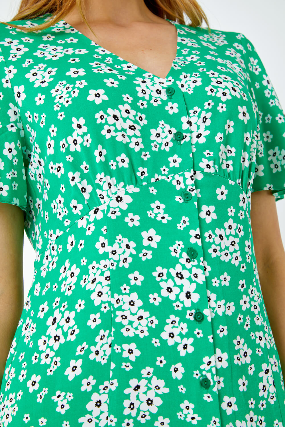 Green Floral Print Button Detail Midi Dress, Image 5 of 5