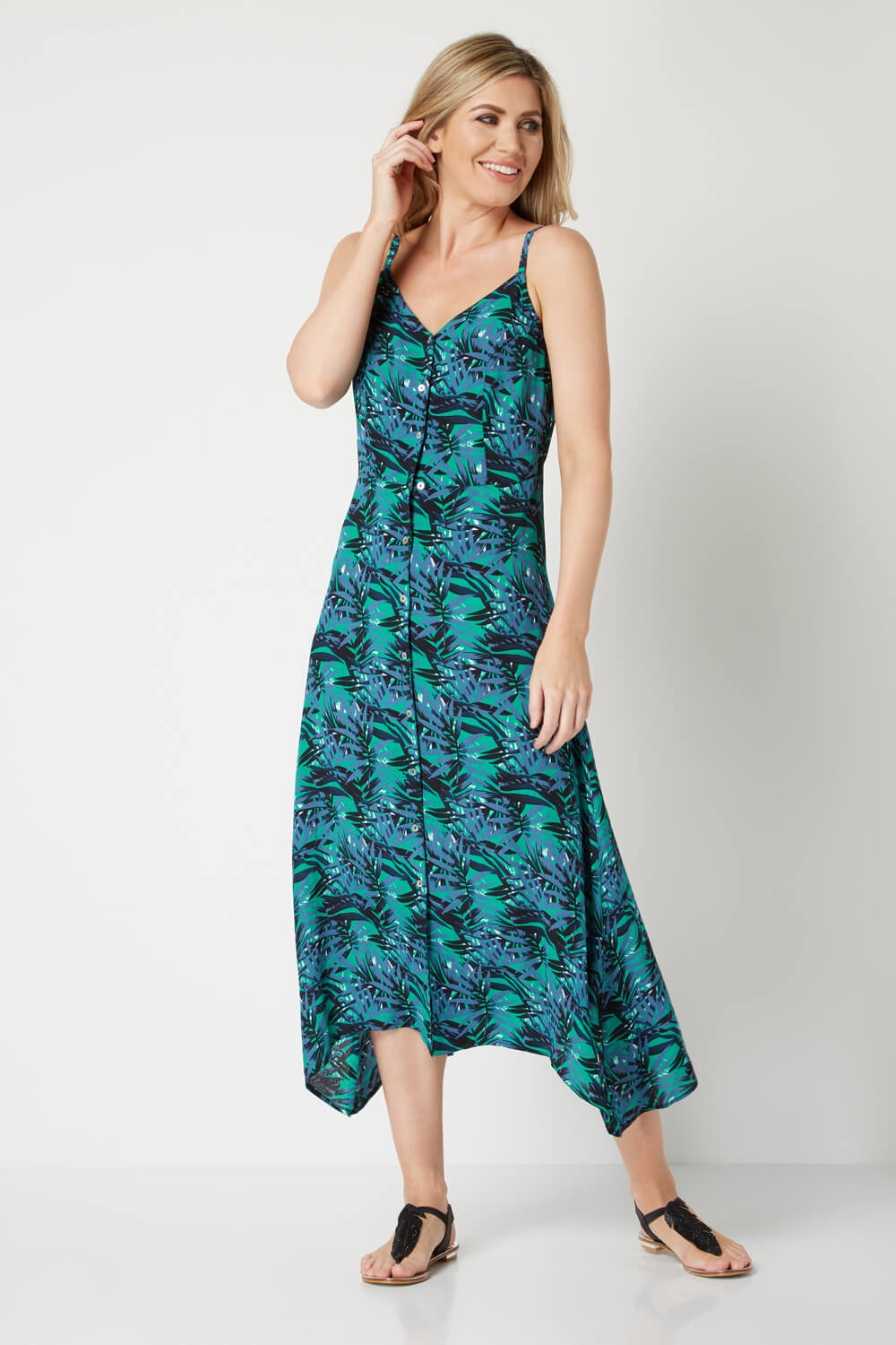 Green Sleeveless Palm Print Sun Dress, Image 2 of 4