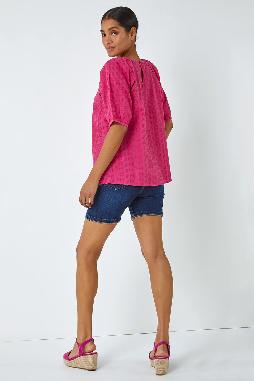 PINK Broderie Puff Sleeve Cotton Top, Image 3 of 5