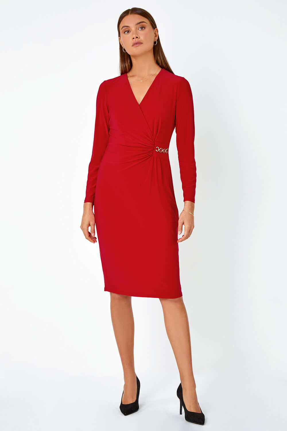 Red Chain Detail Wrap Midi Stretch Dress, Image 2 of 7