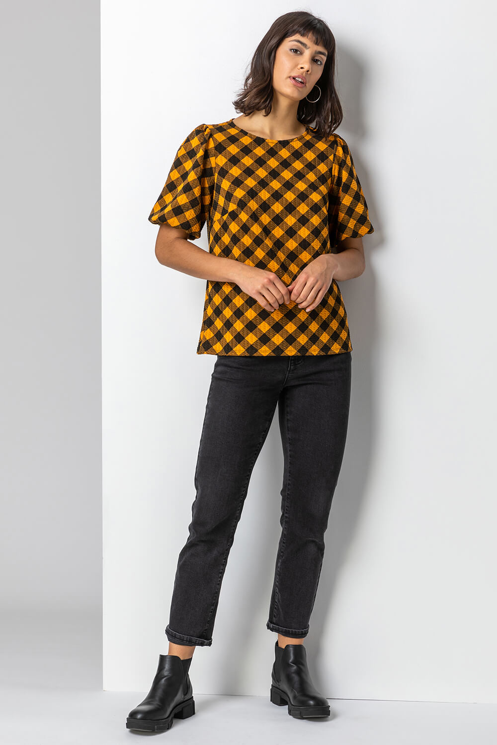Yellow Check Print Puff Sleeve Top, Image 3 of 4