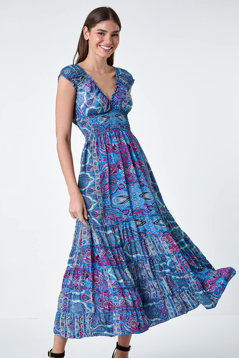 Blue Paisley Print Shirred Frill Maxi Dress, Image 6 of 6