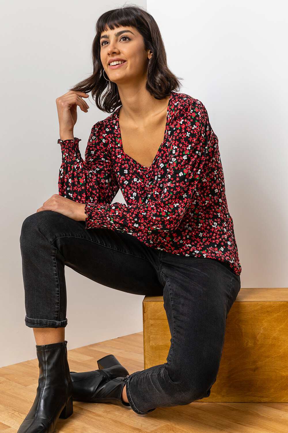 Red Ditsy Floral Print Top, Image 5 of 5