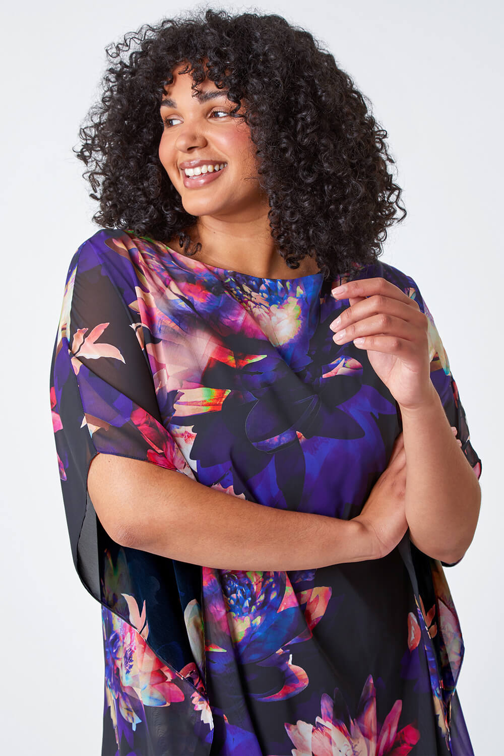 Black Curve Floral Print Chiffon Overlay Top, Image 4 of 5