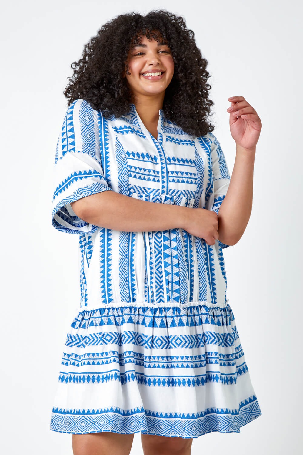 Blue Curve Embroidered Cotton Blend Dress, Image 4 of 5