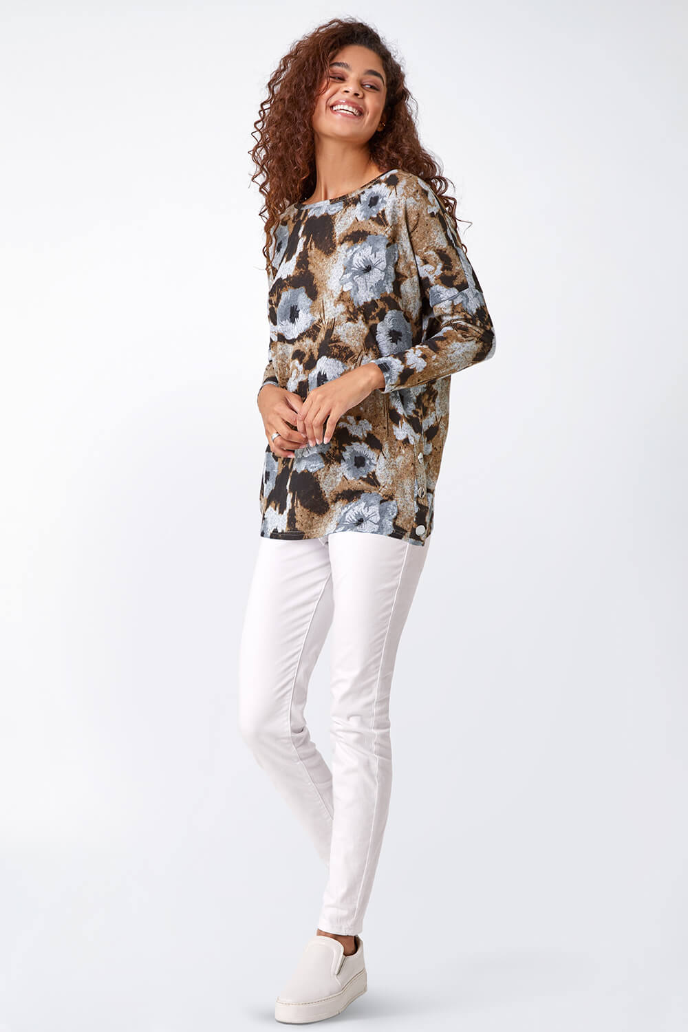 Neutral Floral Print Button Detail Stretch Top, Image 2 of 5
