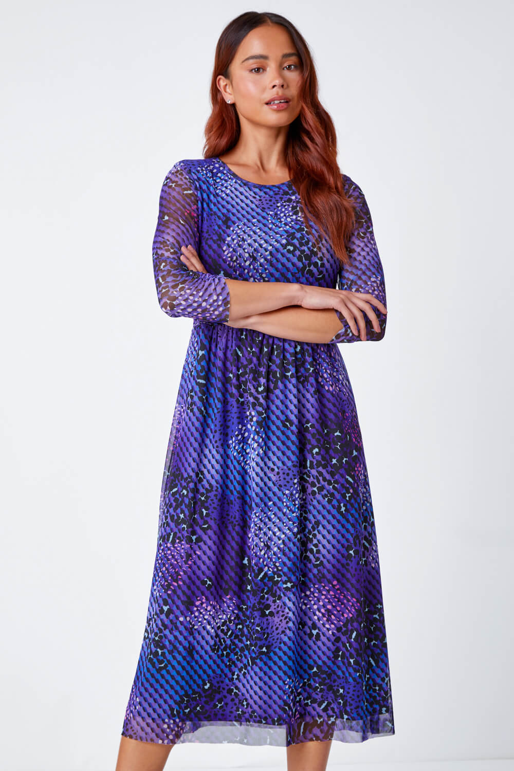 Purple Petite Abstract Print Midi Stretch Dress, Image 4 of 5