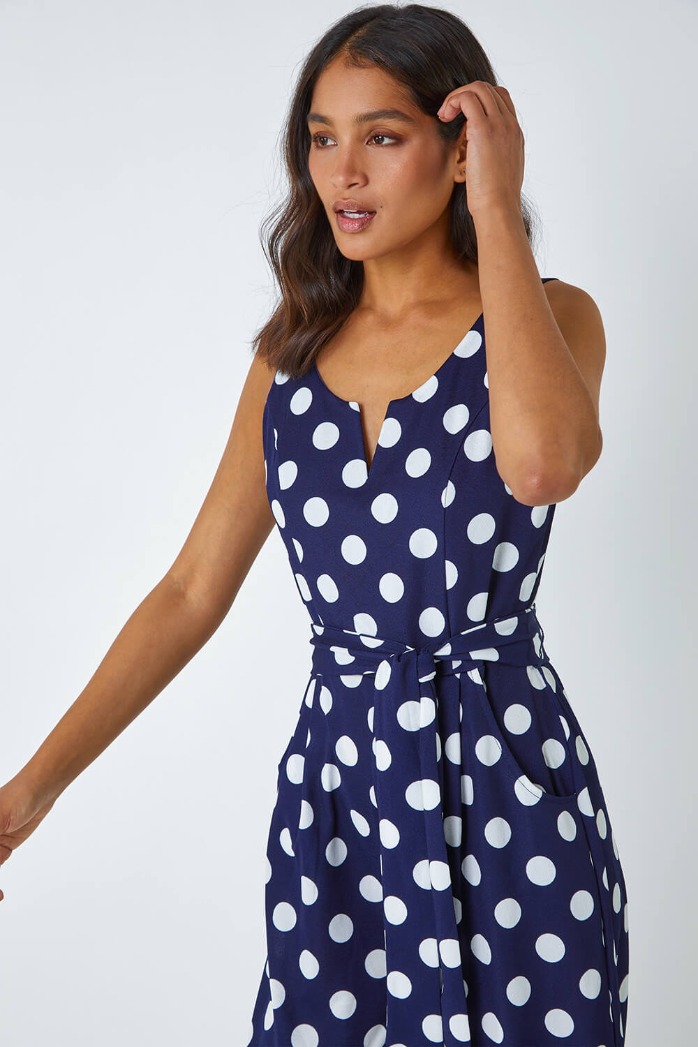 Navy  Spot Print Belted Jumpsuit, Image 4 of 5