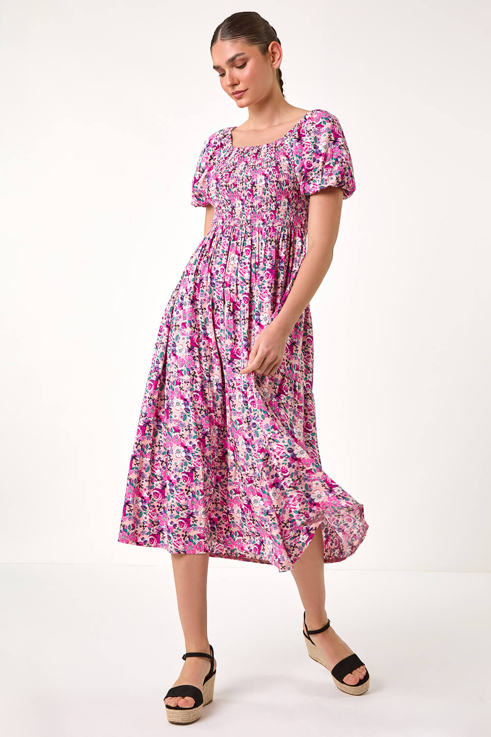 Pink Ditsy Floral Shirred Bardot Tiered Dress | Roman UK