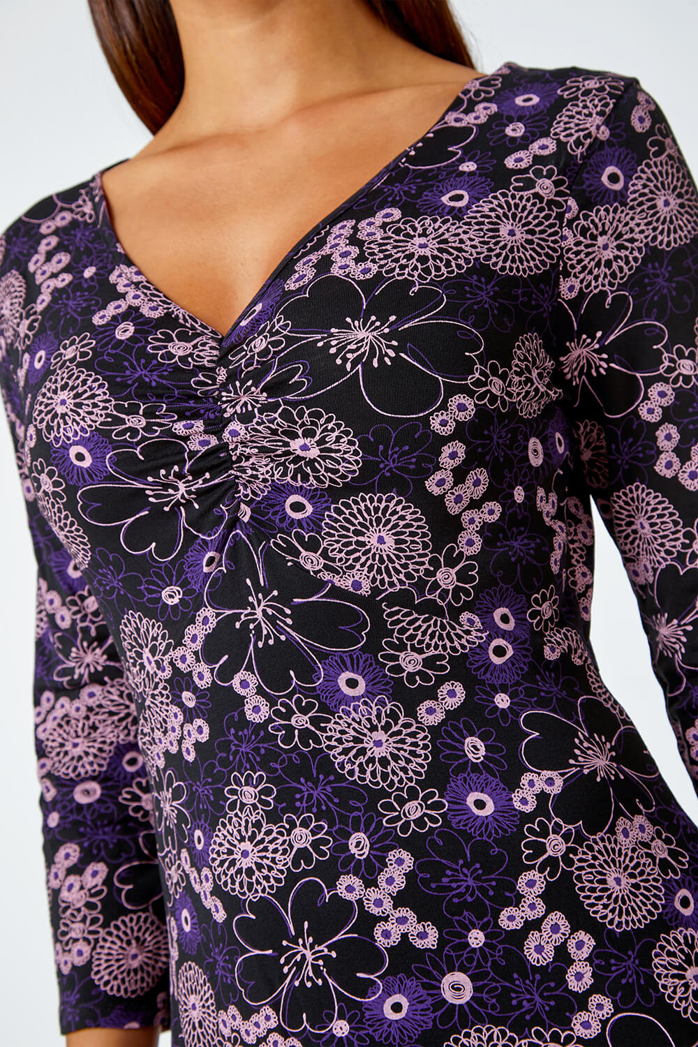 Purple Floral Print Ruched Midi Stretch Dress, Image 5 of 5