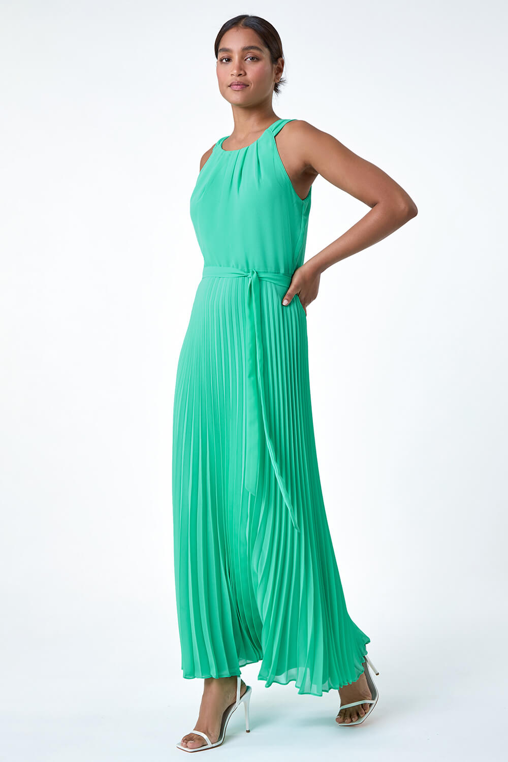 Green Pleated Halter Neck Maxi Dress, Image 2 of 5