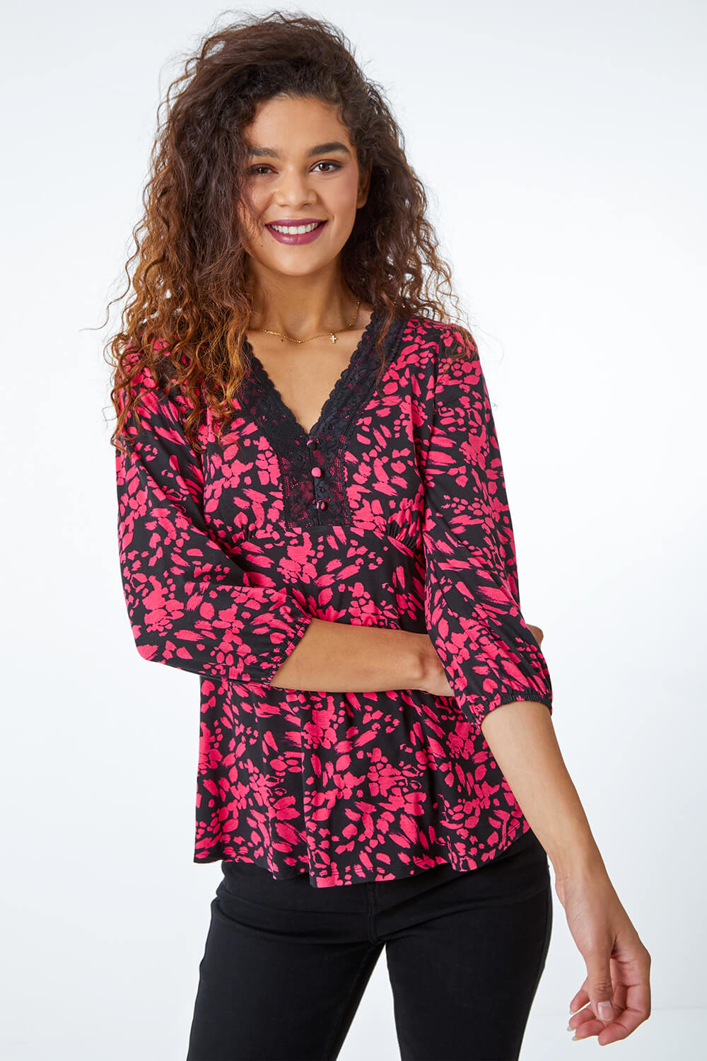 Lace Detail Abstract Jersey Top in Cerise Roman Originals UK