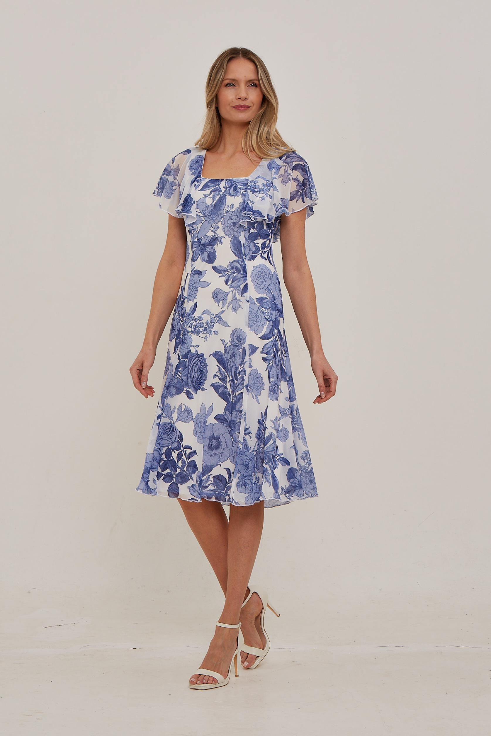 Blue Julianna Floral Chiffon Cape Dress, Image 5 of 5
