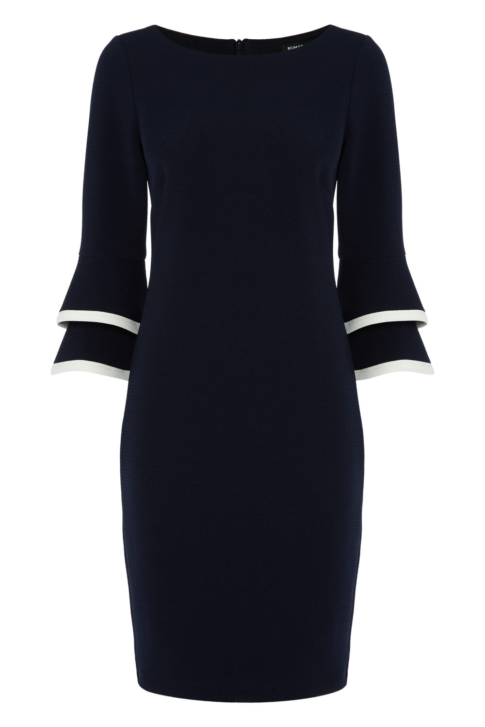 Navy  Double Fluted 3/4 Length Sleeve Dress, Image 4 of 4