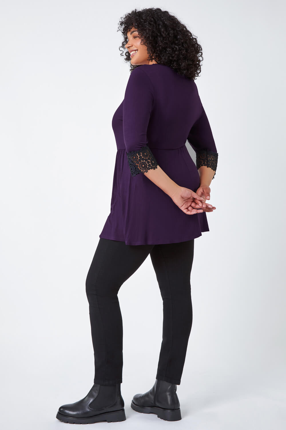 Purple Curve Lace Detail Stretch Tunic Top, Image 3 of 5