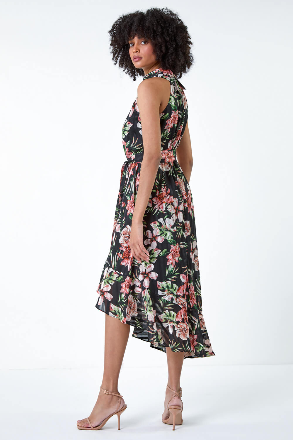 FOIL HALTER X-BACK MIDI DRESS