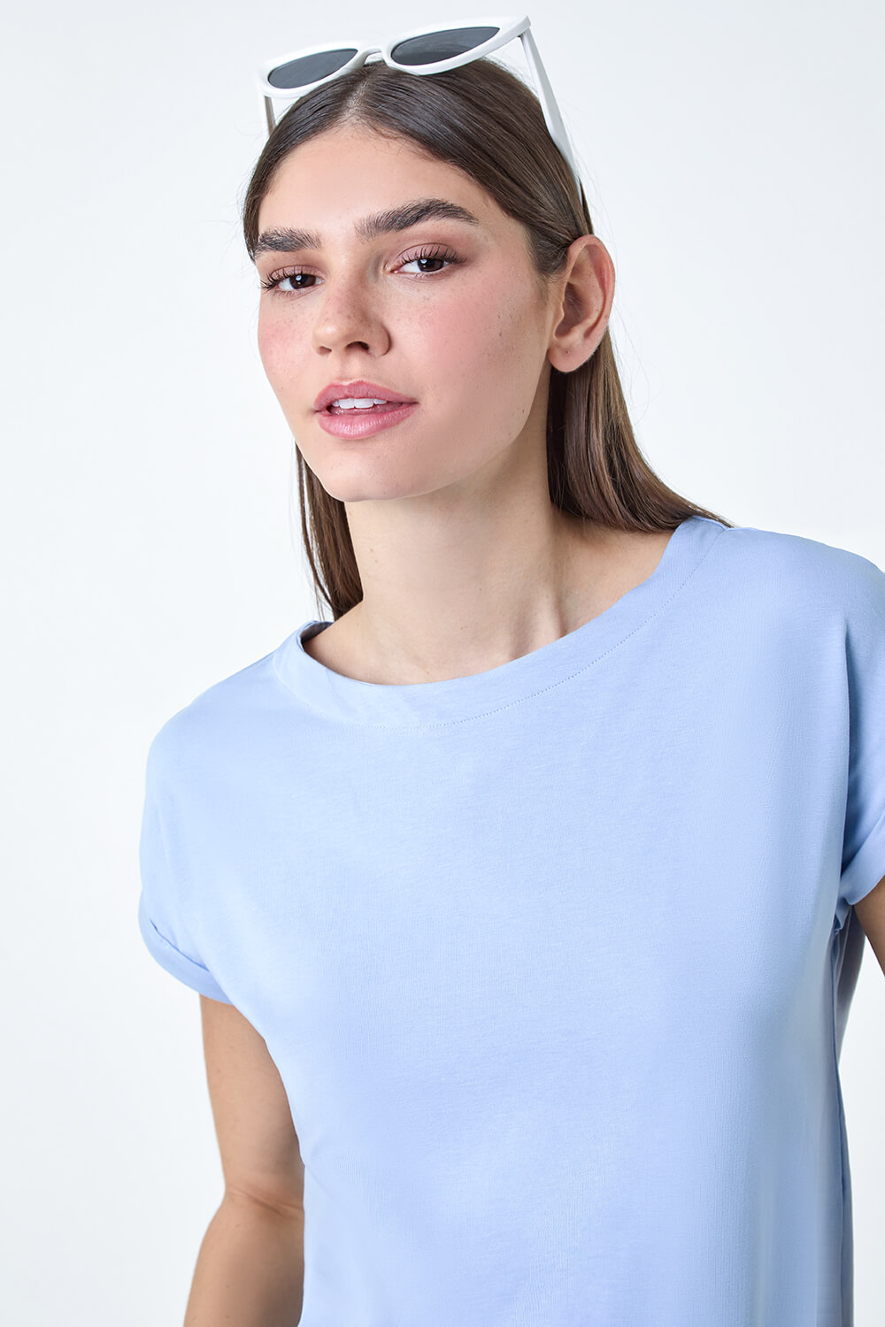 Light Blue  Plain Stretch Cotton Jersey T-Shirt, Image 4 of 5