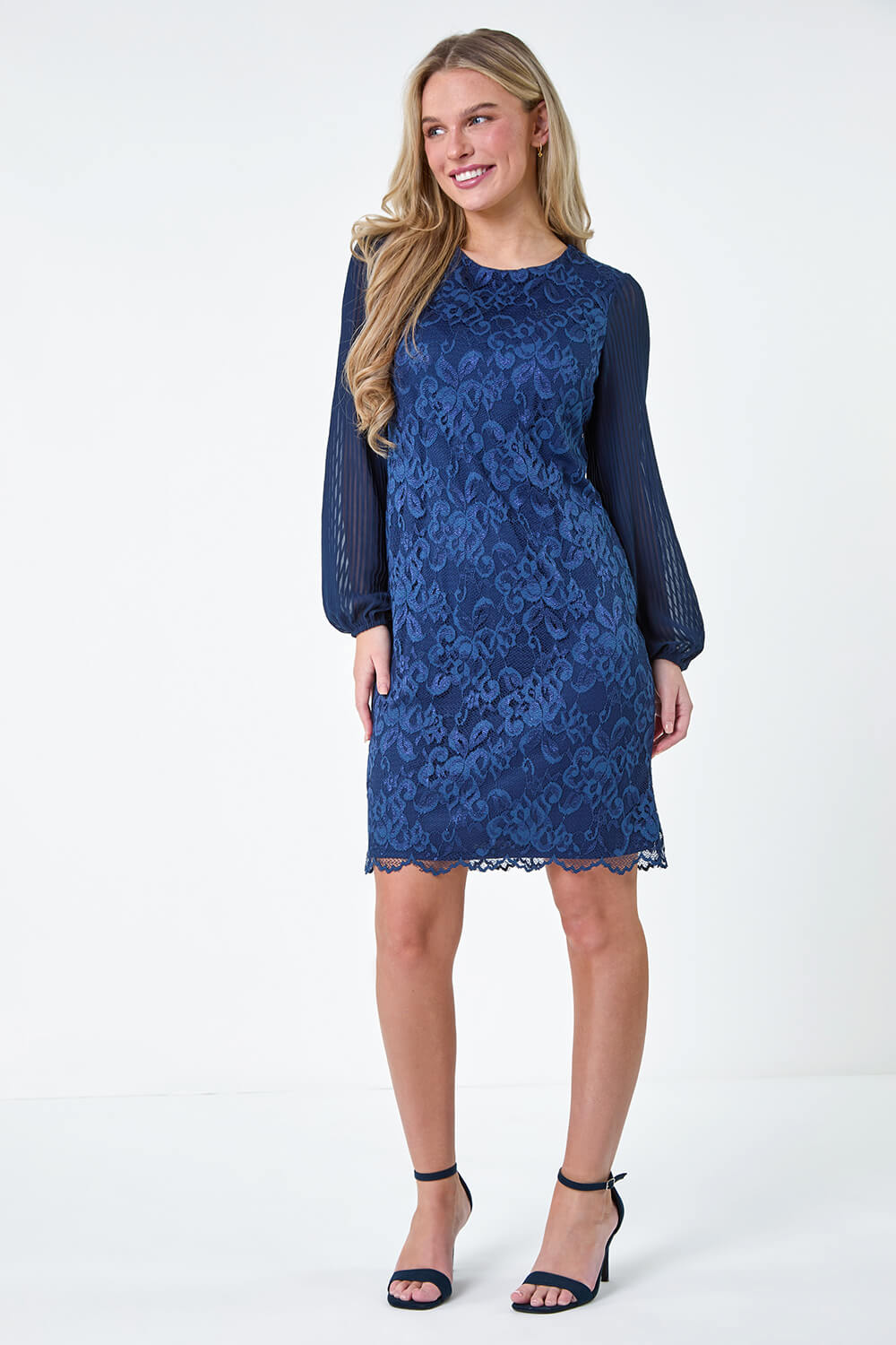 Navy  Petite Pleated Sleeve Lace Shift Dress, Image 2 of 5