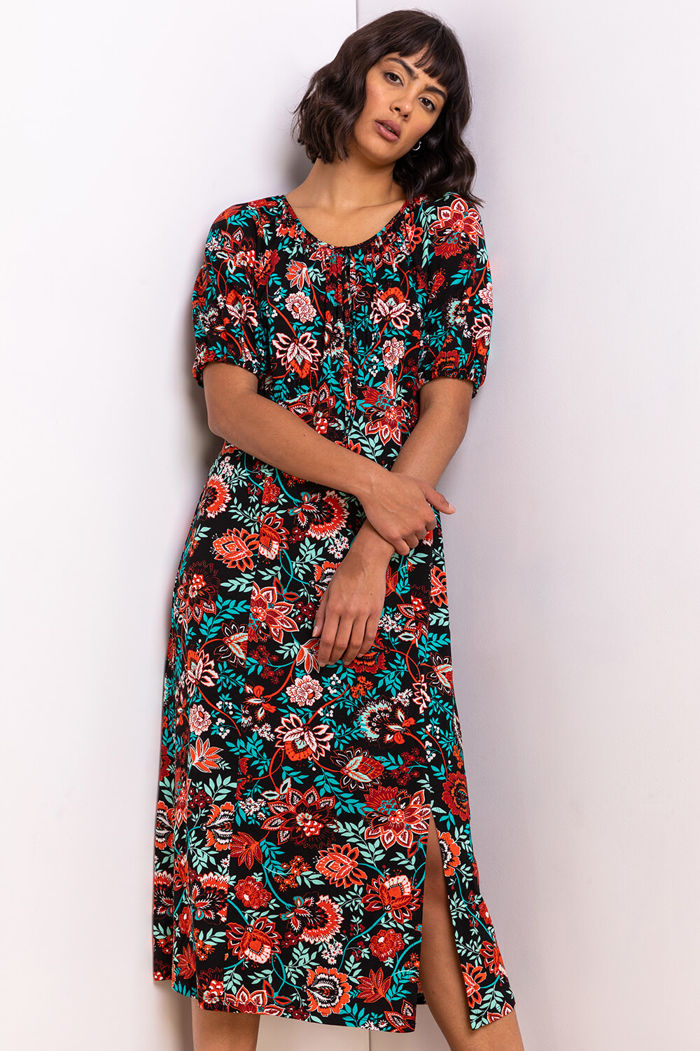 Rust Baroque Floral Print Midi Tea Dress, Image 3 of 5