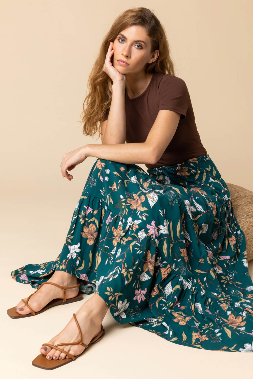 Teal Floral Shirred Waist Maxi Skirt, Image 4 of 4