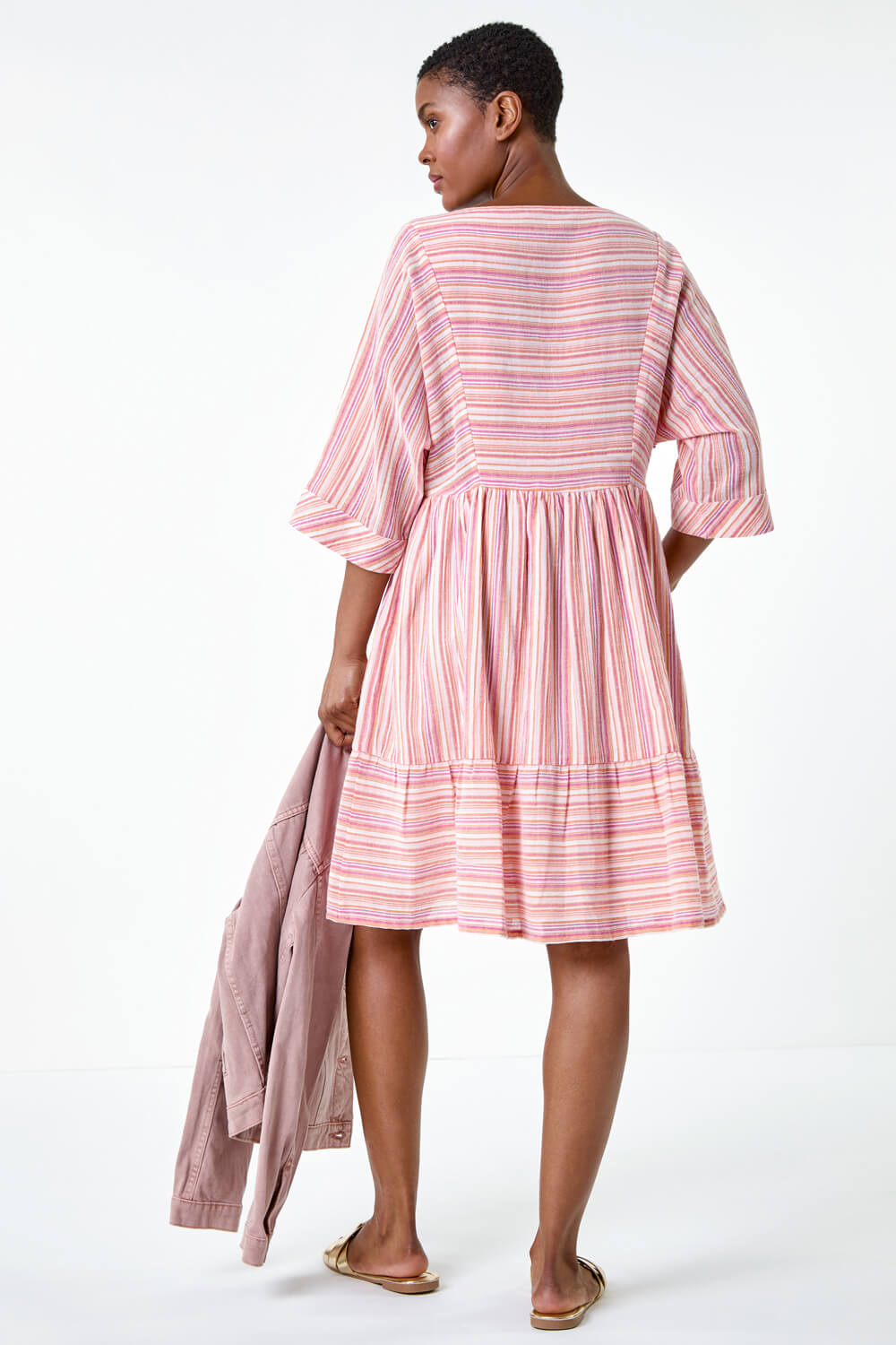 PINK Cotton Stripe Print Smock Dress, Image 3 of 5