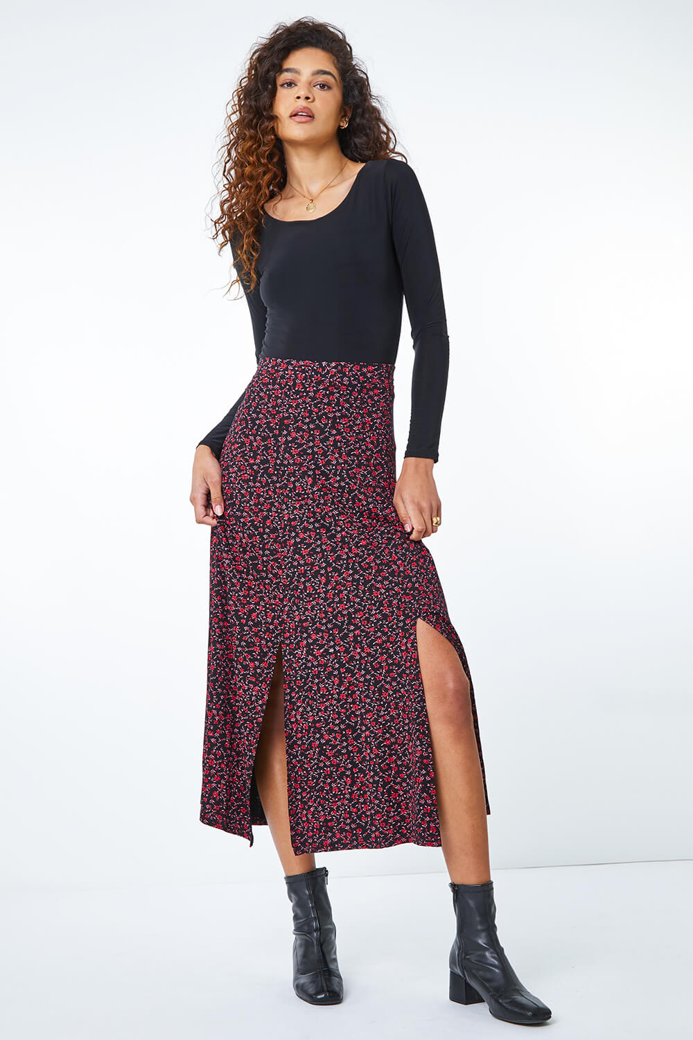 Red Ditsy Floral Print Midi Skirt , Image 3 of 5