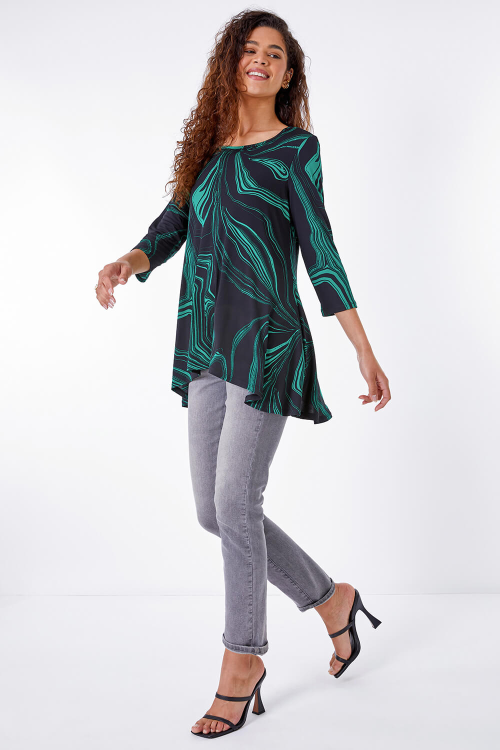 Green Abstract Print Swing Stretch Top, Image 2 of 5