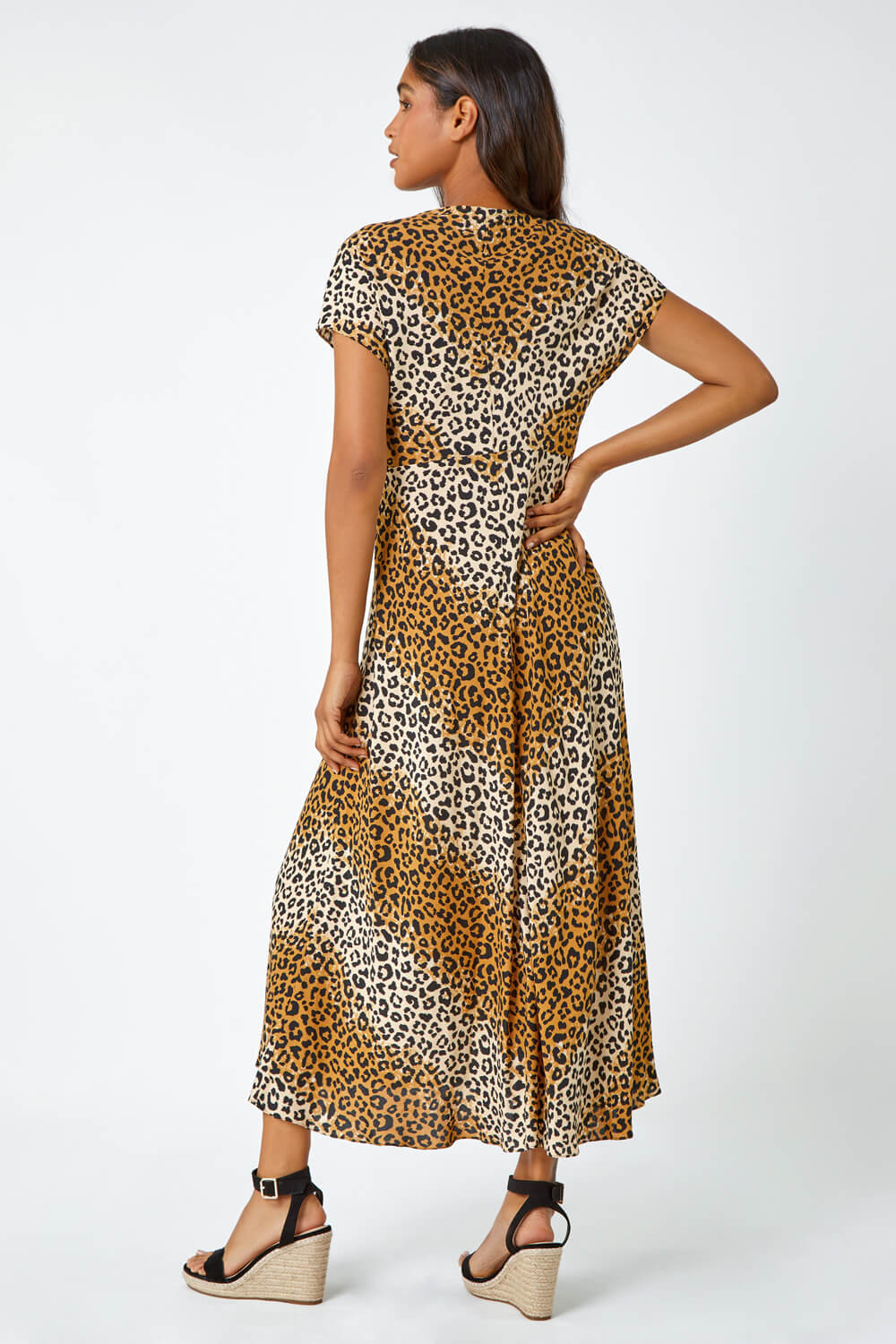 Camel  Leopard Print Bias Cut Midi Dress, Image 3 of 5
