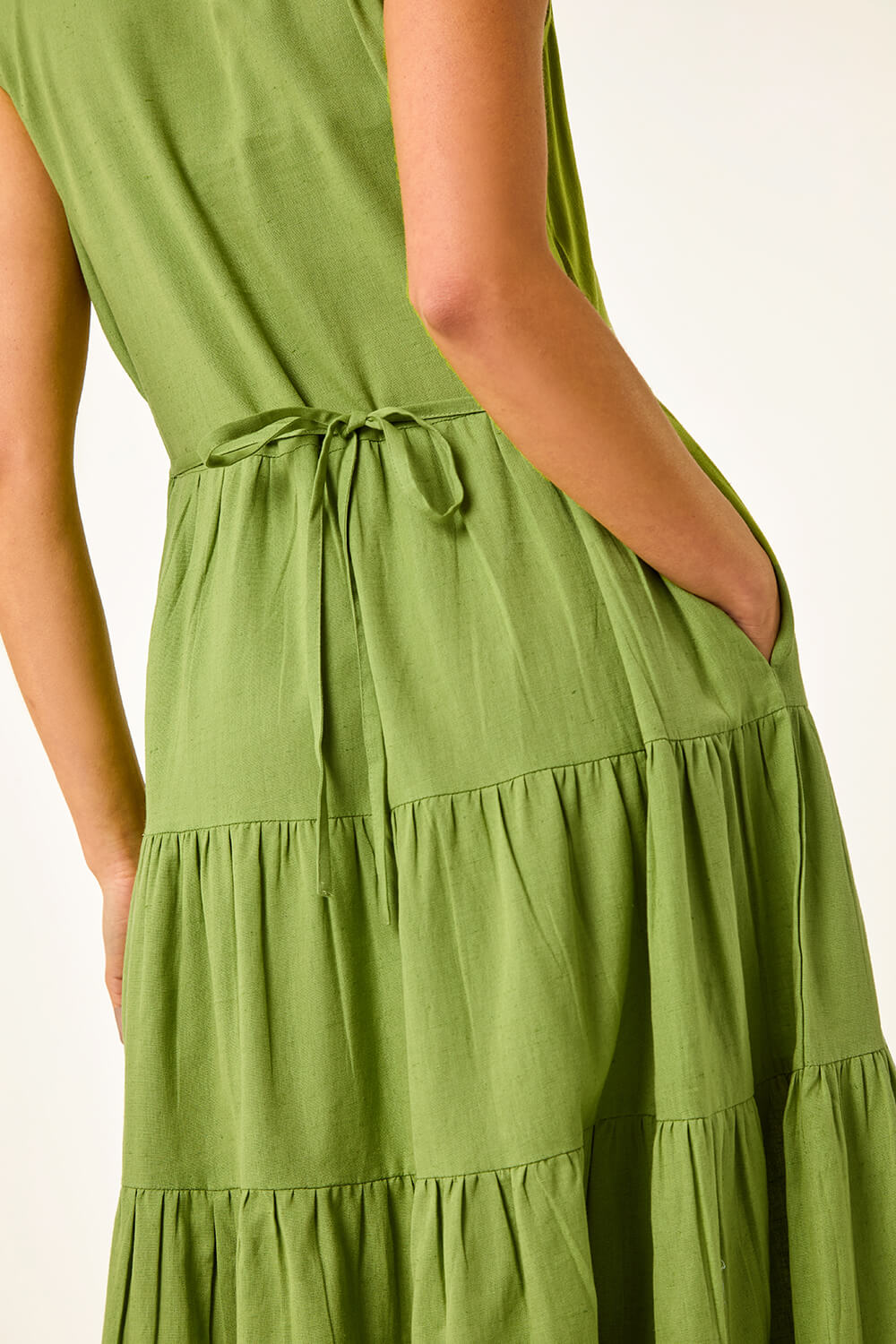 KHAKI Petite Cotton Pocket Tiered Midi Dress, Image 5 of 5