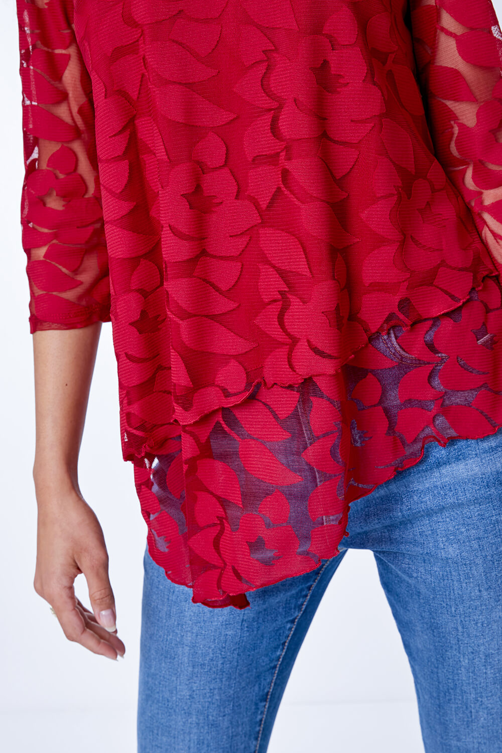Red Burnout Leaf Asymmetric Stretch Top, Image 4 of 5