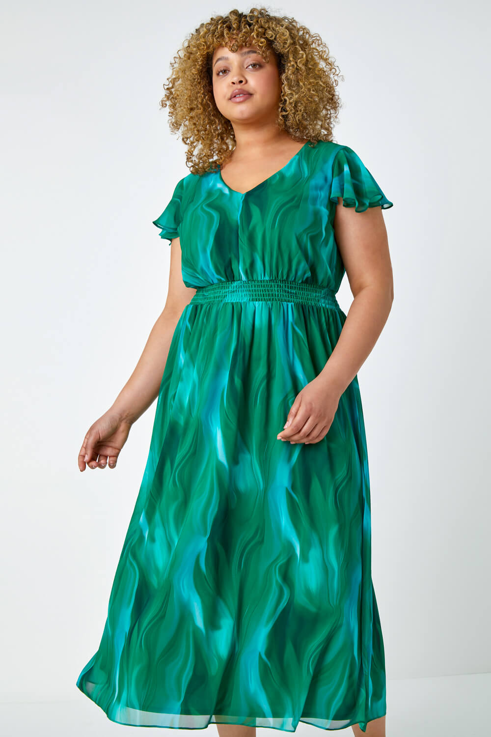 Green Curve Abstract Shirred Maxi Dress, Image 2 of 5