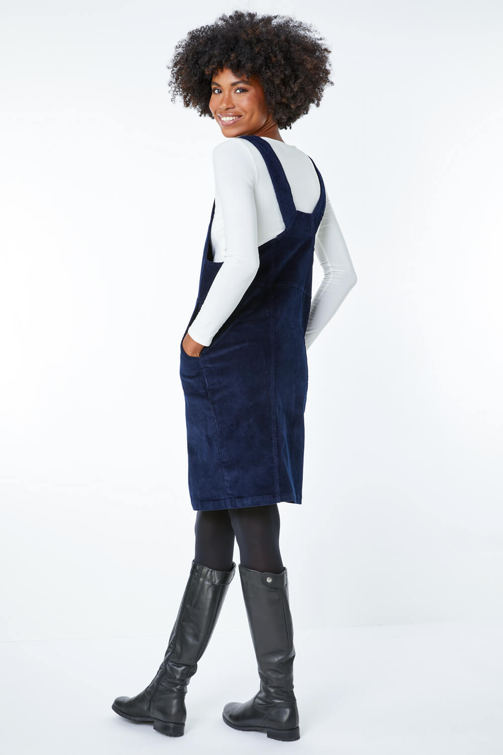 Navy  Button Corduroy Pinafore Dress, Image 3 of 5