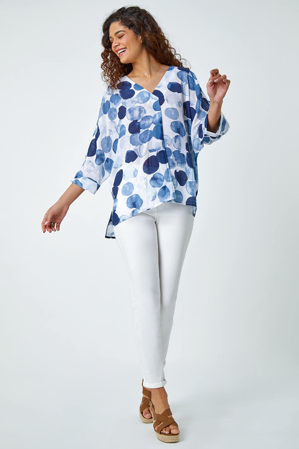 Blue Spot Print Relaxed Woven Top, Image 2 of 5