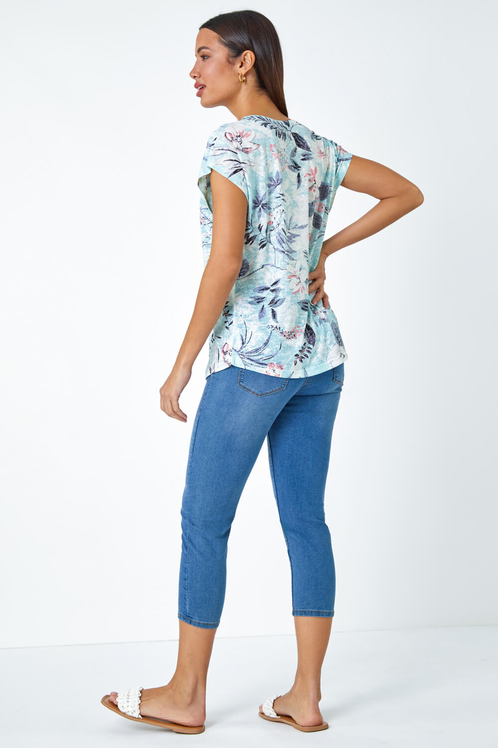 Blue Floral Hotfix Embellished Stretch T-Shirt, Image 3 of 5