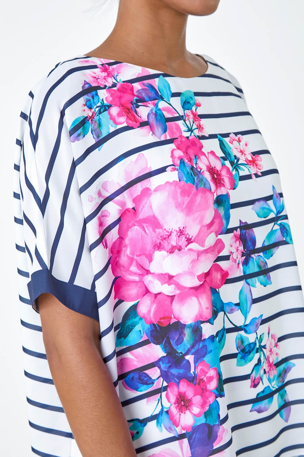Navy  Floral Stripe Print Woven Top, Image 5 of 5