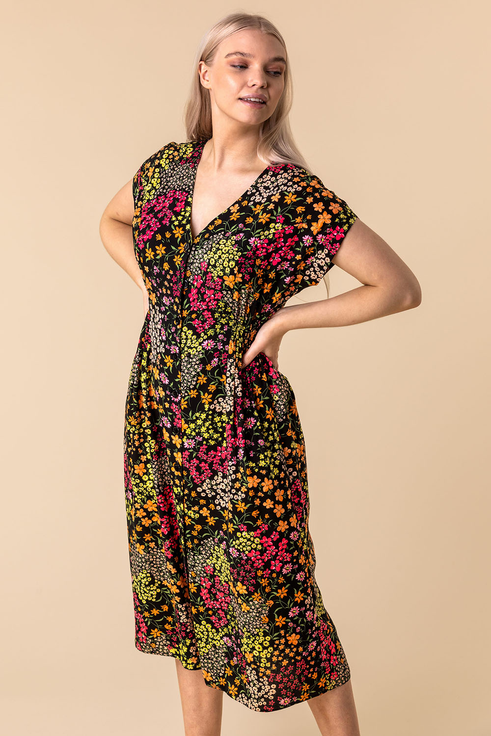Multi  Floral Print Button Through Dress, Image 4 of 5