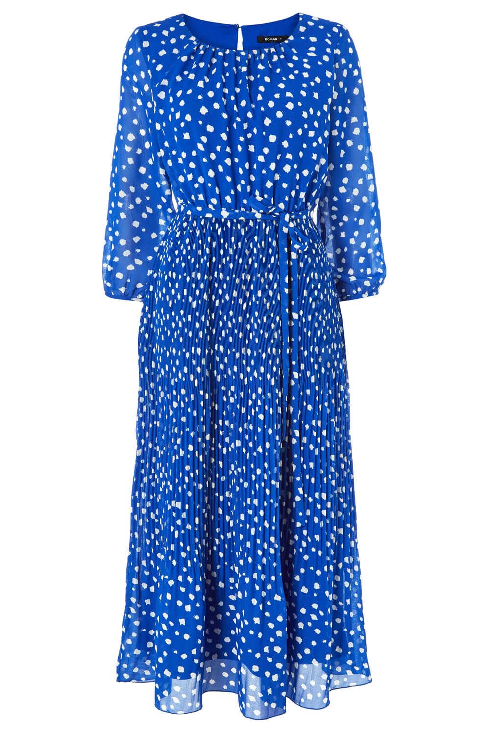 Spot Print Pleated Midi Dress in Royal Blue - Roman Originals UK