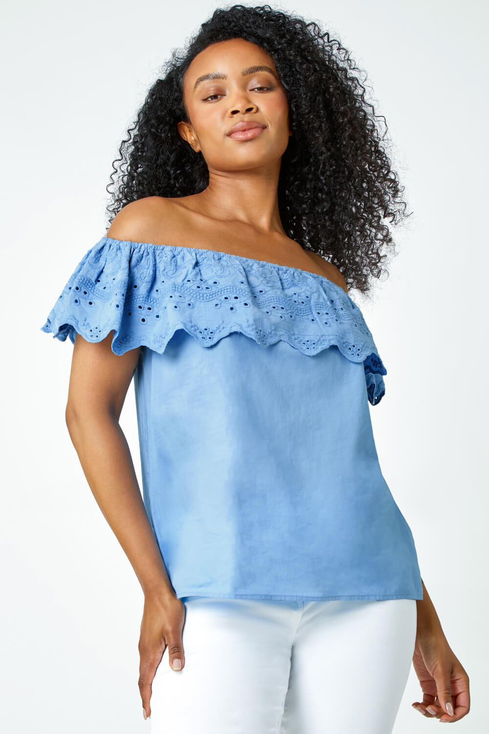 Blue Petite Embroidered Cotton Bardot Top, Image 4 of 5